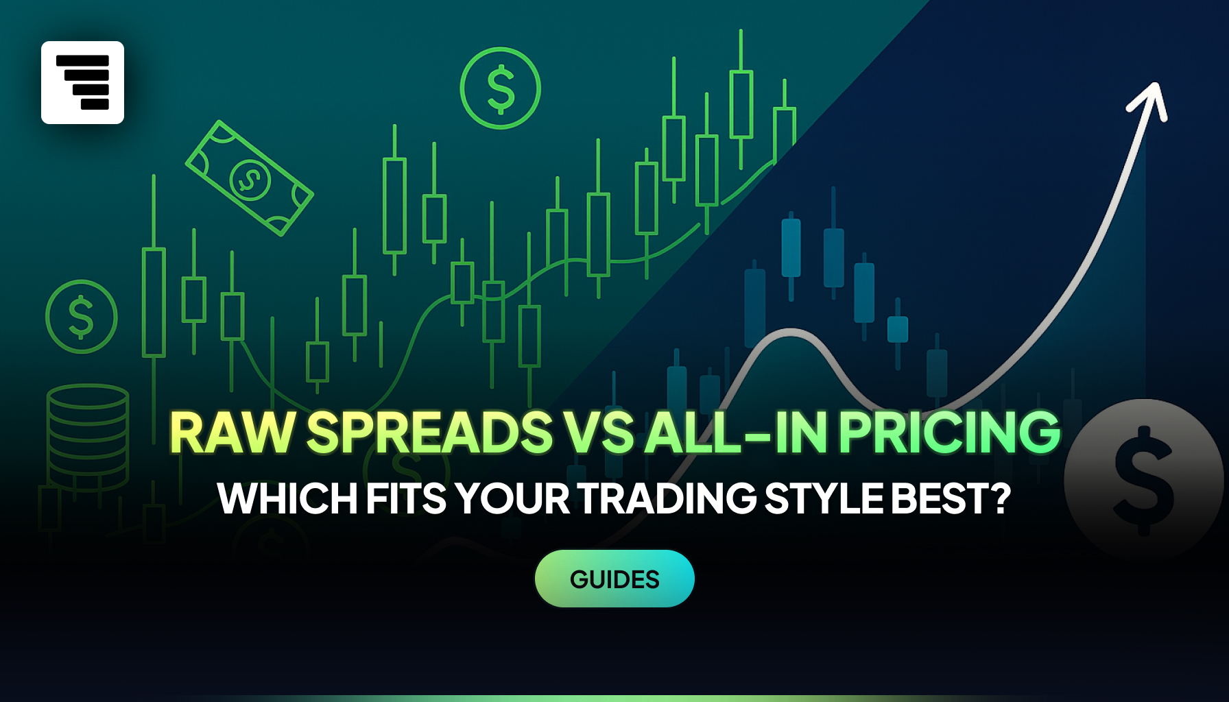 Abstract financial illustration comparing raw spreads and all-in pricing with trading charts and dollar icons in teal and blue tones